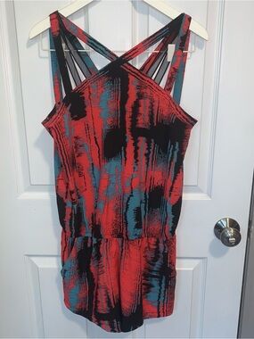 Fabletics Mixed Media Sleeveless Romper in Teal, Red & Black
